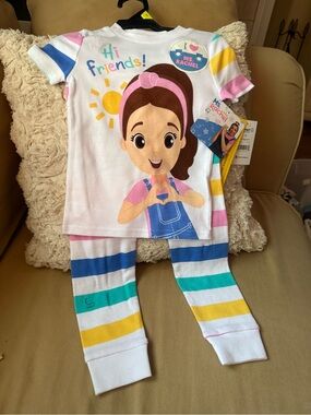 Rachel Girls White Pajama Set with Blue, Teal, Yellow, Pink & Purple Stripes